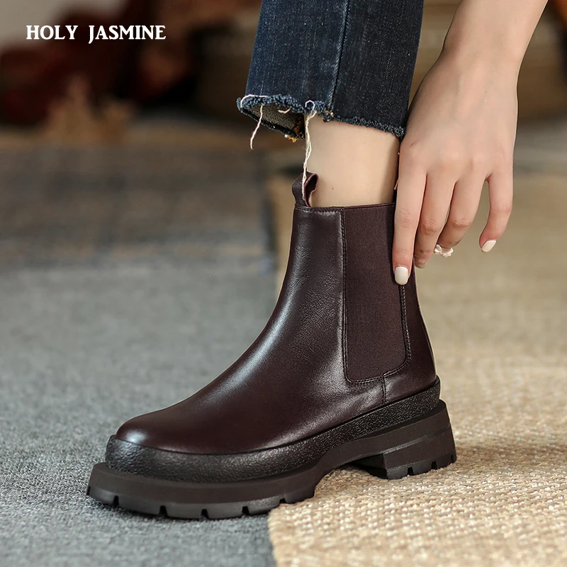 Genuine Leather Autumn Boots for Women Platform Chelsea Boot Spring Cowhide Booties Fashion Female Thick Bottom Black Bootie