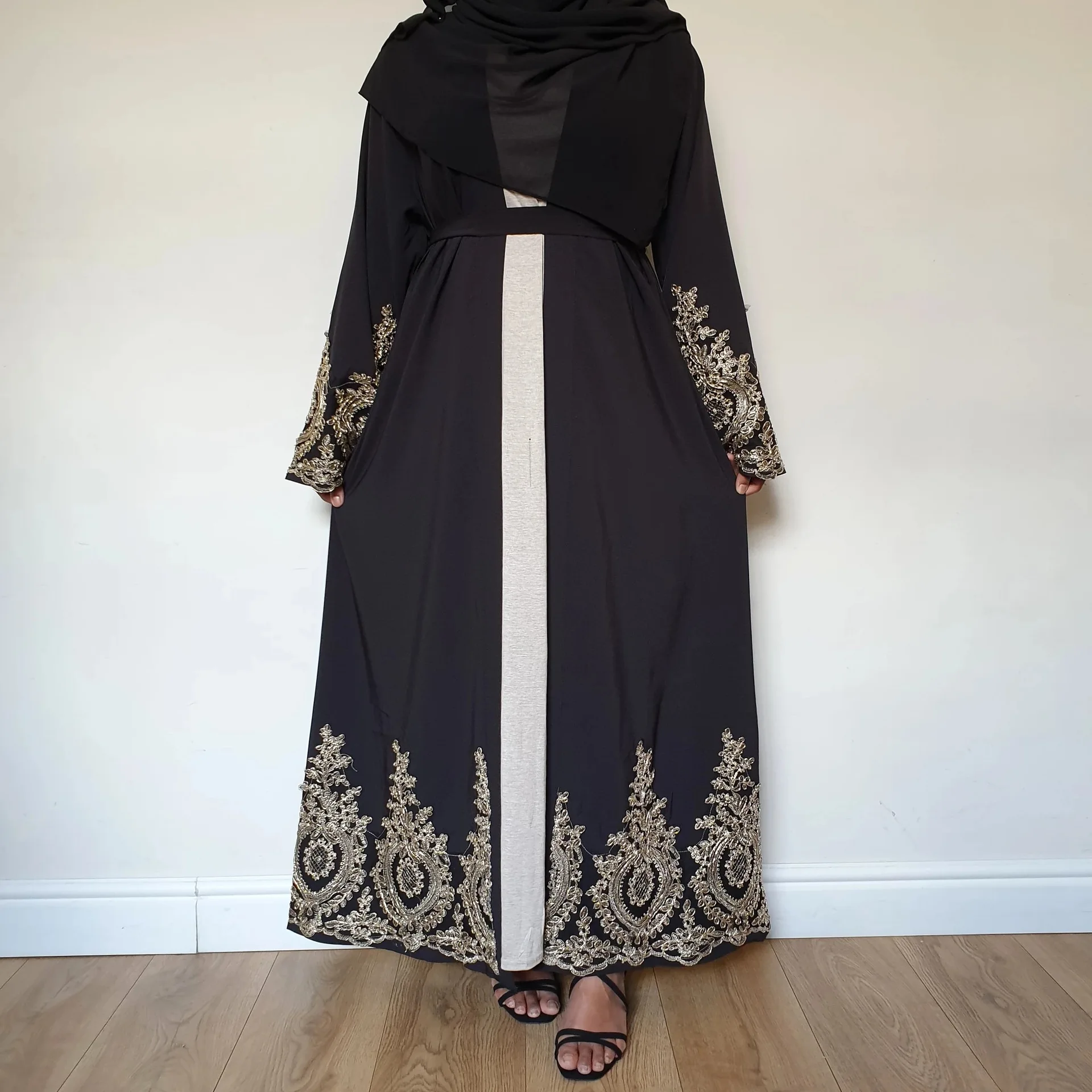 Мусульманское женское платье с золотыми аппликациями, мусульманский модный Рамадан, кардиган, халат, Дубай, абайя, Ближний Восток, арабское ...