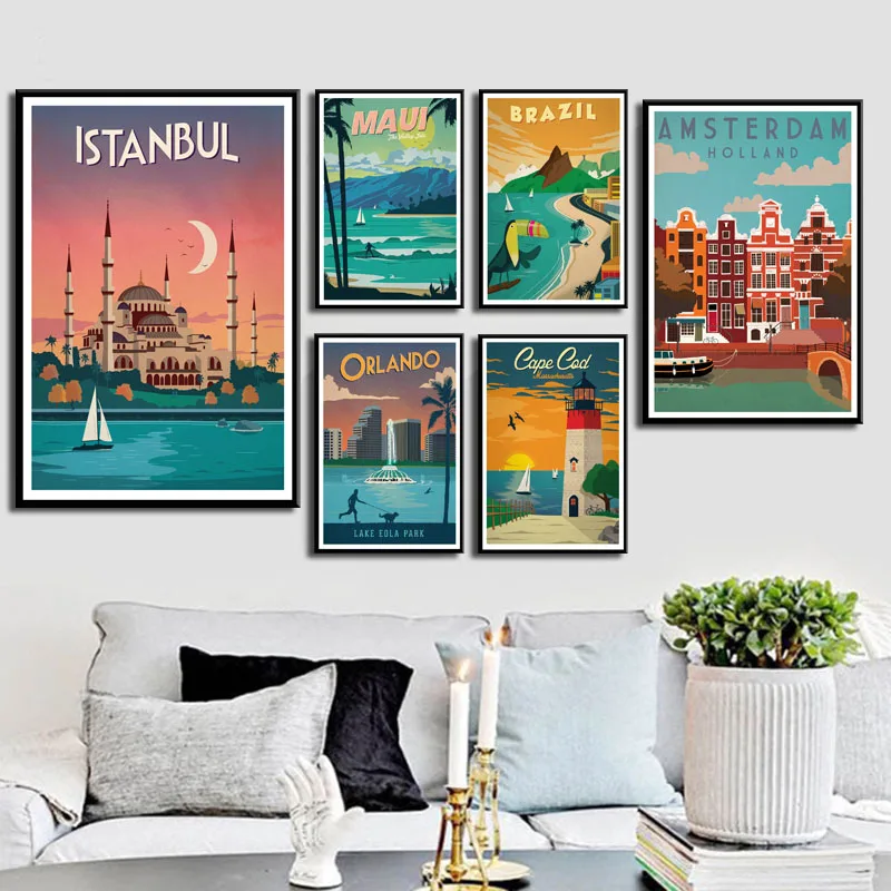 

P030 New York Netherlands Amsterdam London Vintage Travel Cities Landscape Art Painting Silk Canvas Poster Wall Home Decor