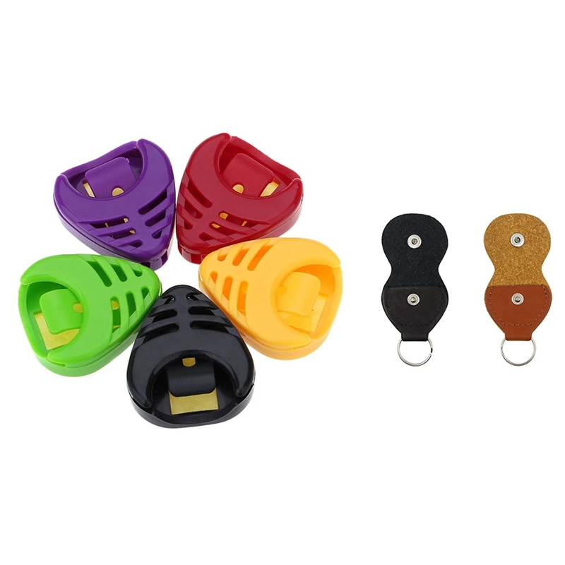 

5 Pcs Plastic Heart-Shaped Guitar Pick Cases & 2 Pcs Leather Keychain Plectrum Key Fob Cases Bag (Black,Brown)