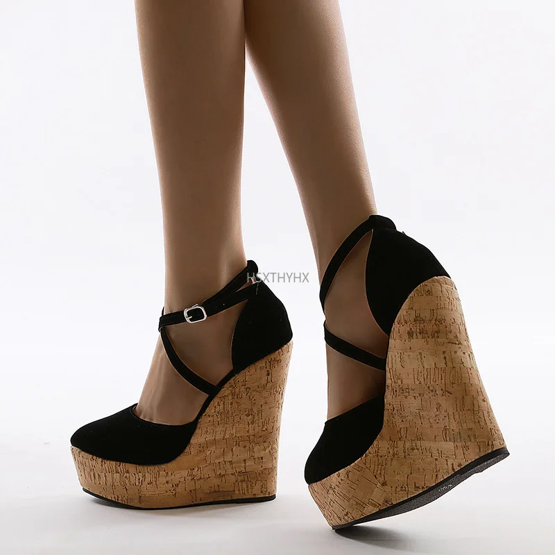 

2022 Spring Sexy Mary Janes Wedges Platforms Pumps Woman Fetish Heel Round Toe Stripper Buckle Strap Party Wedding Shoes