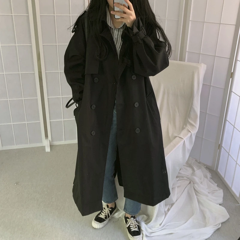 

yinbingbingChic Women Trench Coat Casual Women's Long Outerwear Loose Overcoat with Belt Winter Fashion Double-breasted Femme
