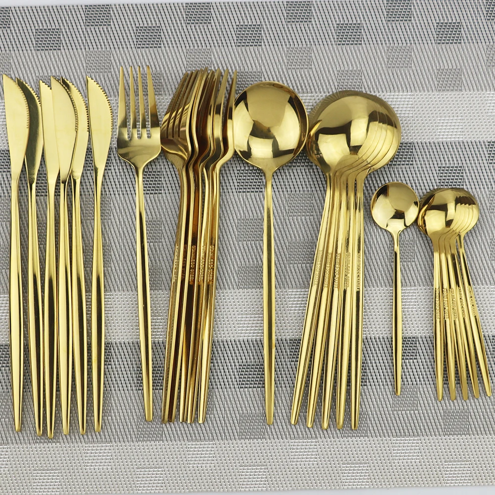 

24pcs Gold Dinnerware Set Stainless Steel Cutlery Set Mirror Silverware Knife Fork Spoon Tableware Flatware Set Dishwasher Safe