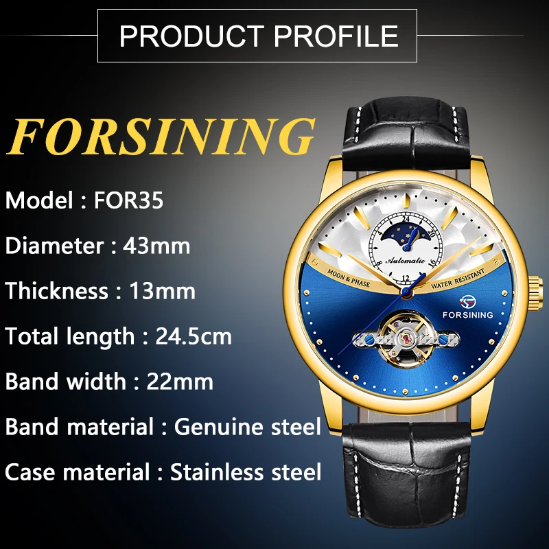 Forsining Tourbillon синие автоматические часы мужские классические Moonphase Дизайн Натуральная кожа Ремешок Водонепроницаемый Бизнес наручные часы подарок