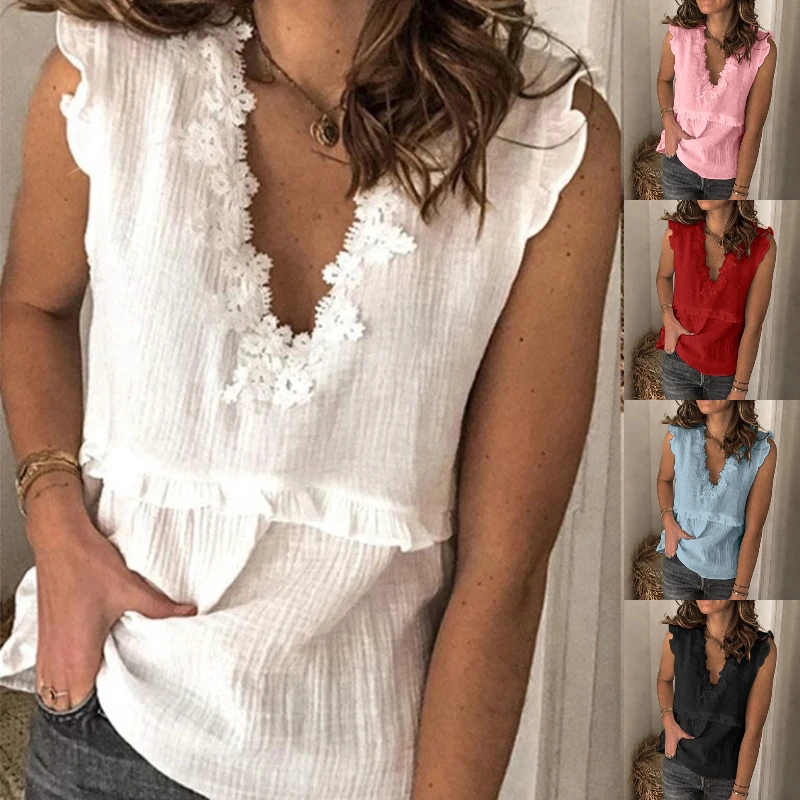 

Women 2020 Sexy Ruffle Patchwork Blouse Shirt Elegant Sleeveless V-Neck Floral Tops Summer Plus Size Lady Chic Streetwear Blusas