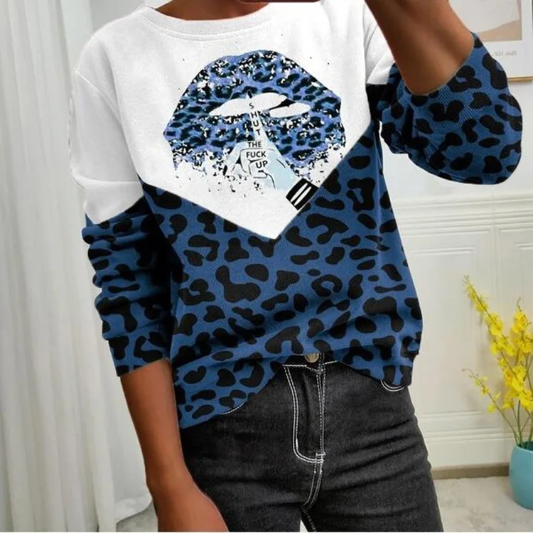 

Fashion Personality Leopard Print Big Lips Plus Size Women T Shirt Tops Autumn New Products Hot Street Trendy Ladies Casual Tops