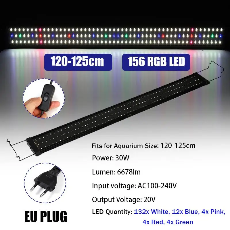 

30W Super Slim RGB LED Aquarium Lighting Full Spectrum Aquatic Plant Light 120-125CM Extensible Clip on Lamp for Fish Tank