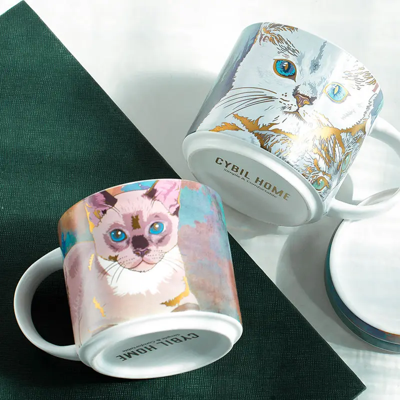 

Керамическая кошачья чашка, чайная чашка для пива, молока, чашка для влюбленных, кофейная чашка, подарок с крышкой