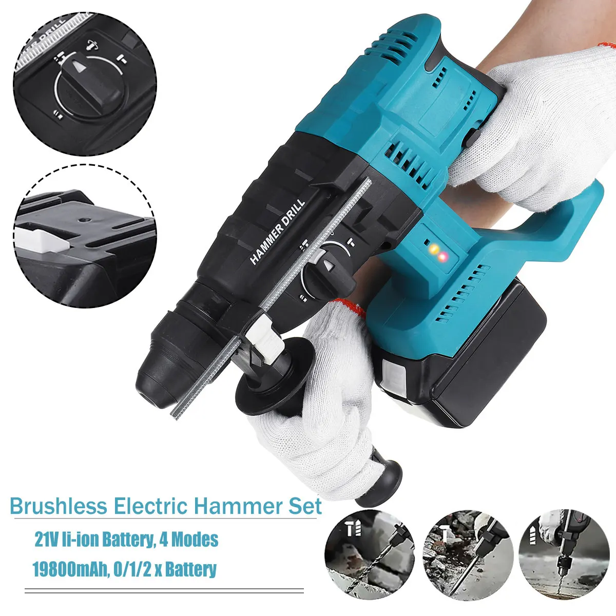 

4 Mode Rechargeable Electric Rotary Hammer 19800mAh Cordless Multifunction Hammer Impact Drill Power Tool for Makita 18V Battery