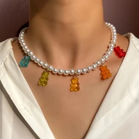 multicolor transparent candy bear bead necklace for women cute pendant handmade imitation pearl choker fashion creative jewelry