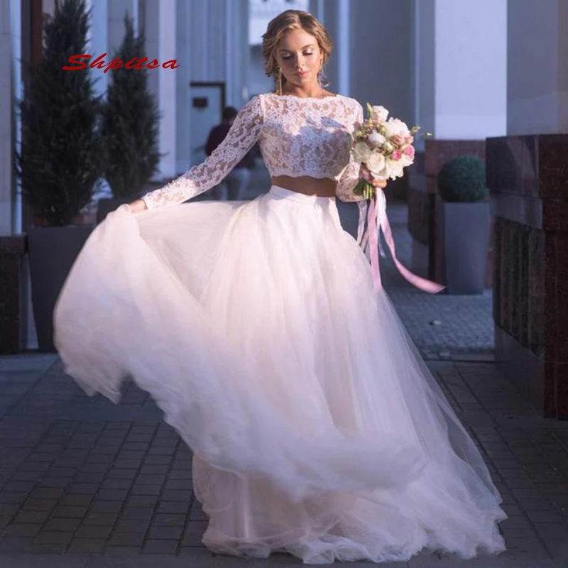 

Кружевные свадебные платья с длинным рукавом, фатиновое платье из двух частей, пляжные свадебные платья для невесты, платья