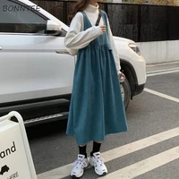 sleeveless dresses women ulzzang blue button ins mid calf simple oversize stylish lady trendy preppy clothing popular all match