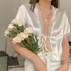 Женский тонкий кардиган, кружевной Шелковый сатин, короткий рукав, v-образный вырез, верхняя одежда для женщин, Свободный укороченный топ, футболка, Топы, уличная одежда