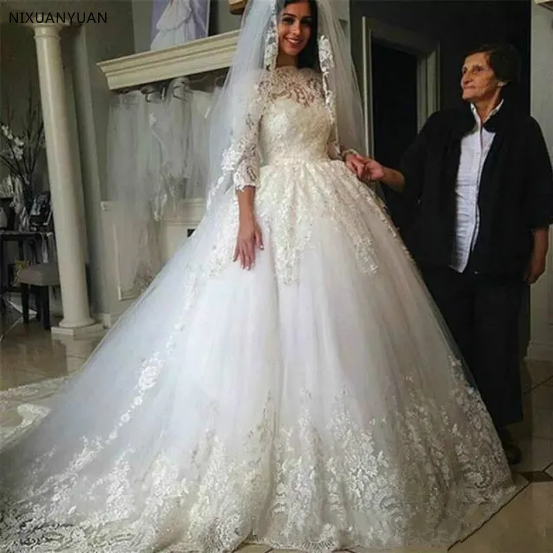 

Vestido De Noiva Trouwjurk 2022 Lace Tulle Wedding Dresses Bridal Gowns Illusion 3/4 Sleeve Beaded Wedding Dress Robe De Mariee