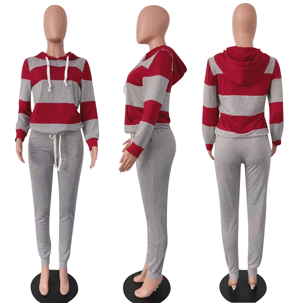 

Female Winter Wool Warm 2 Piece Set Patchwork Sporting Hooded Tracksuit Women Long Sleeve Pullover + Casual Pants