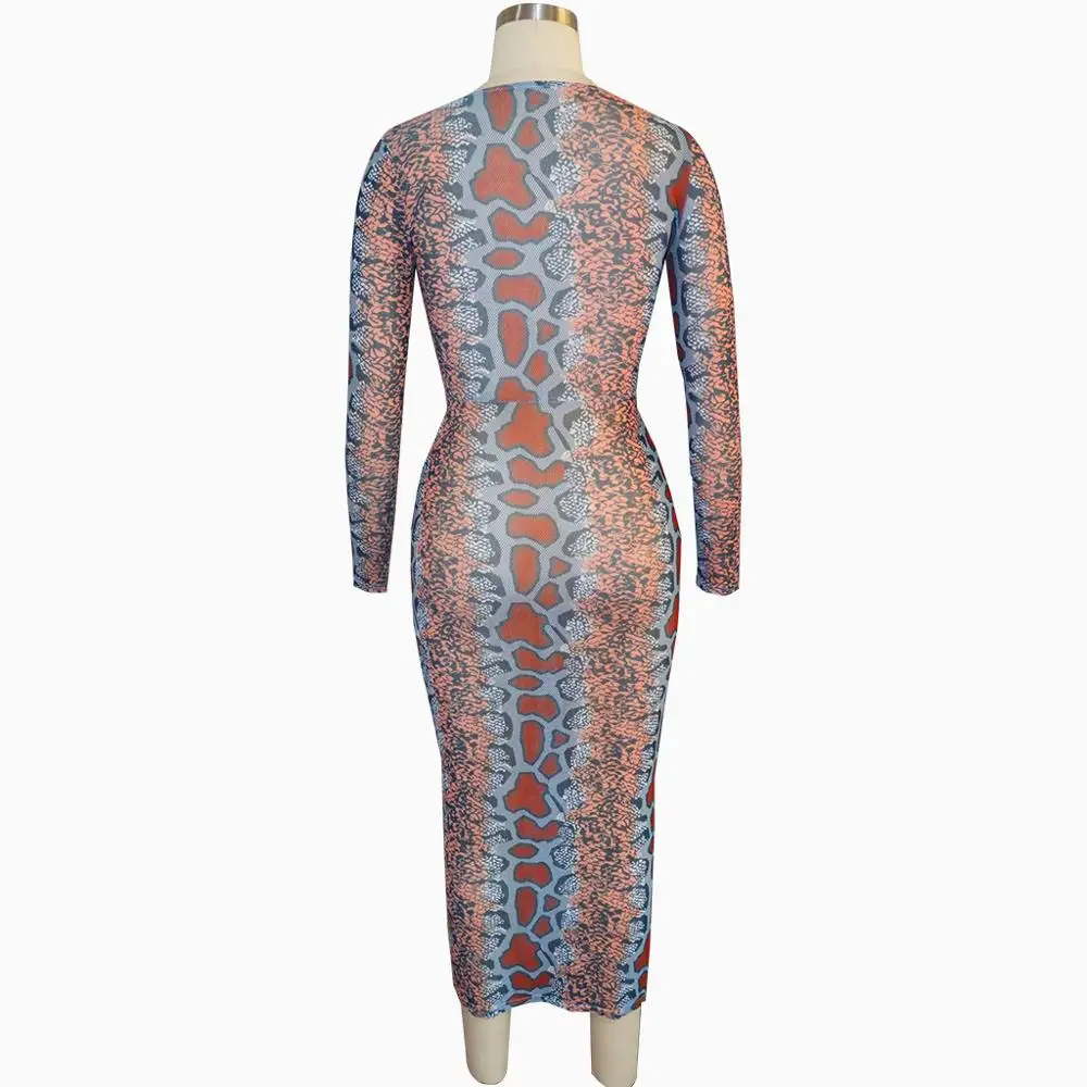 

Sexy Snake Print Sheer Mesh Night Party Club Bodycon Long Dress Casual Long Sleeve V Neck Streetwear Dresses Vintage Vestidos