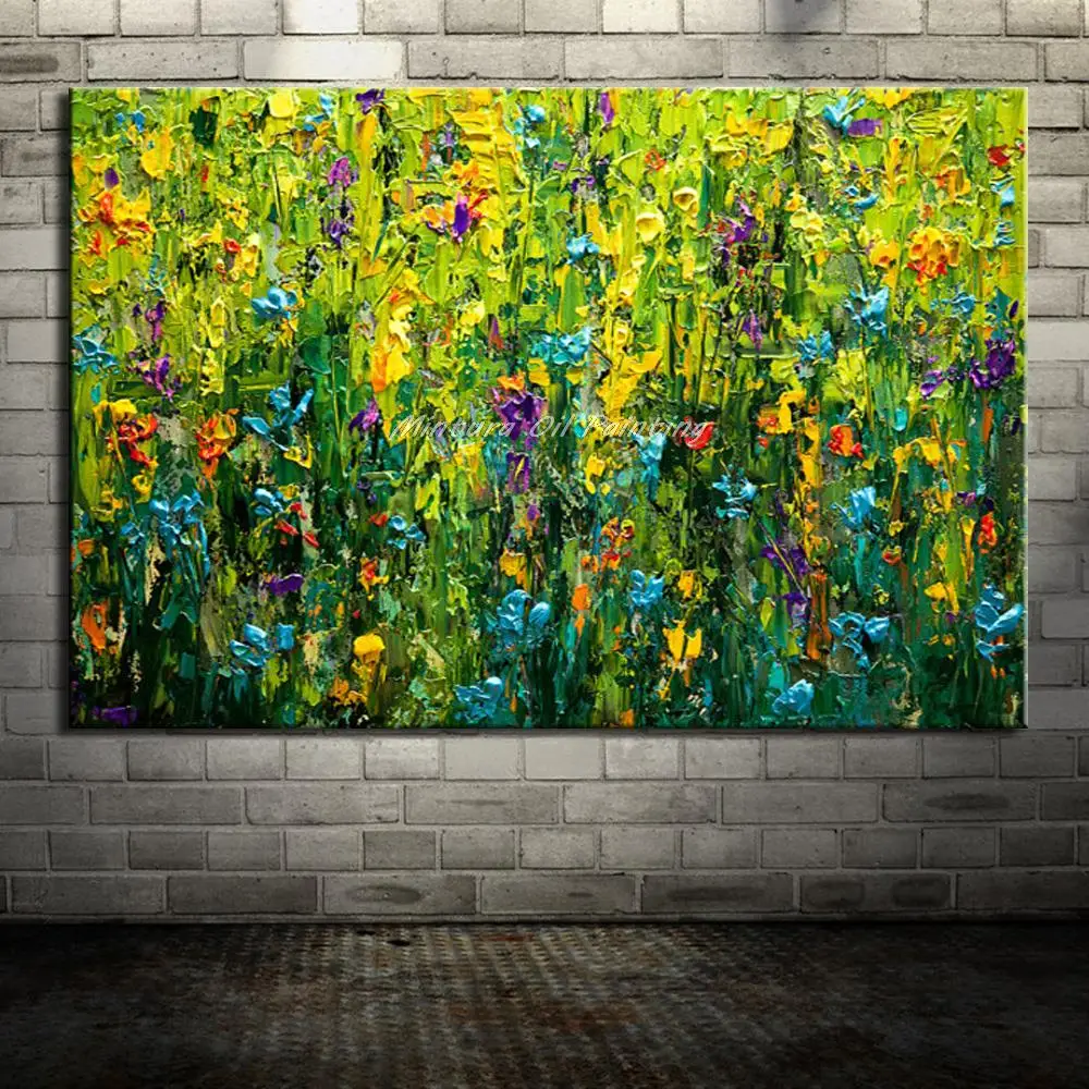 Минтура Ручная роспись на холсте маслом с густой текстурой абстрактных цветов травы для украшения стены спальни современное художественное изображение.