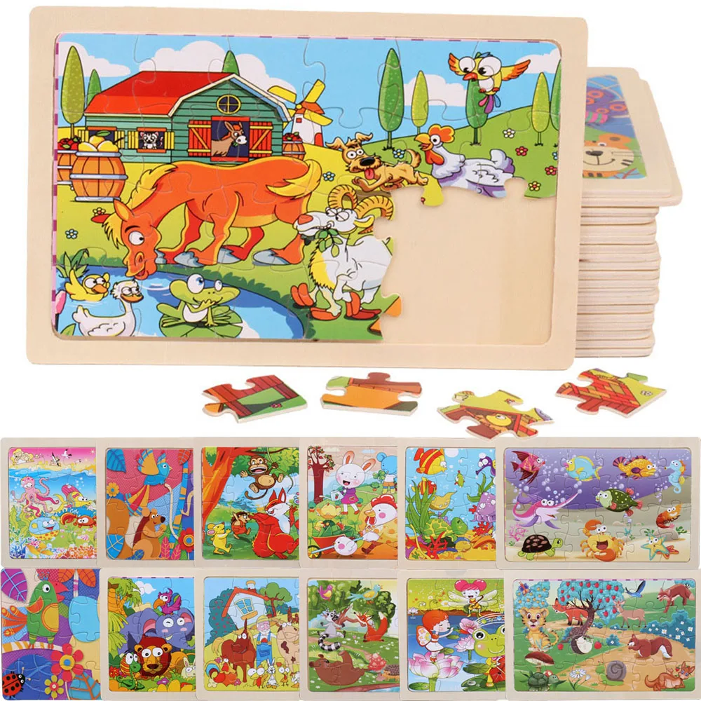

24Pieces Puzzles Wooden Jigsaw Puzzle for Kids Animals Cartoon Educational Children Christmas Gift Wood Toy Games