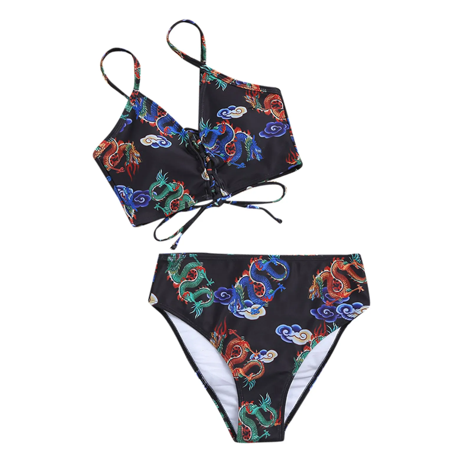 

Women Biquini Ladies Summer Vintage Dragon Print Bandeau Bandage Bikini Set Push-Up Brazilian Swimwear Beachwear Swimsuit