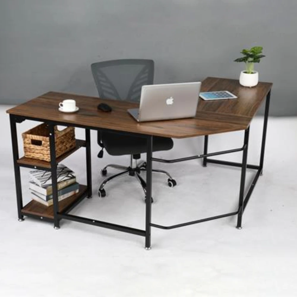 

L-Shaped Computer Desk PC Laptop Study Office Table Workstation with Storage Shelf Spacious Space Tiger Wood Color[US-Stock]
