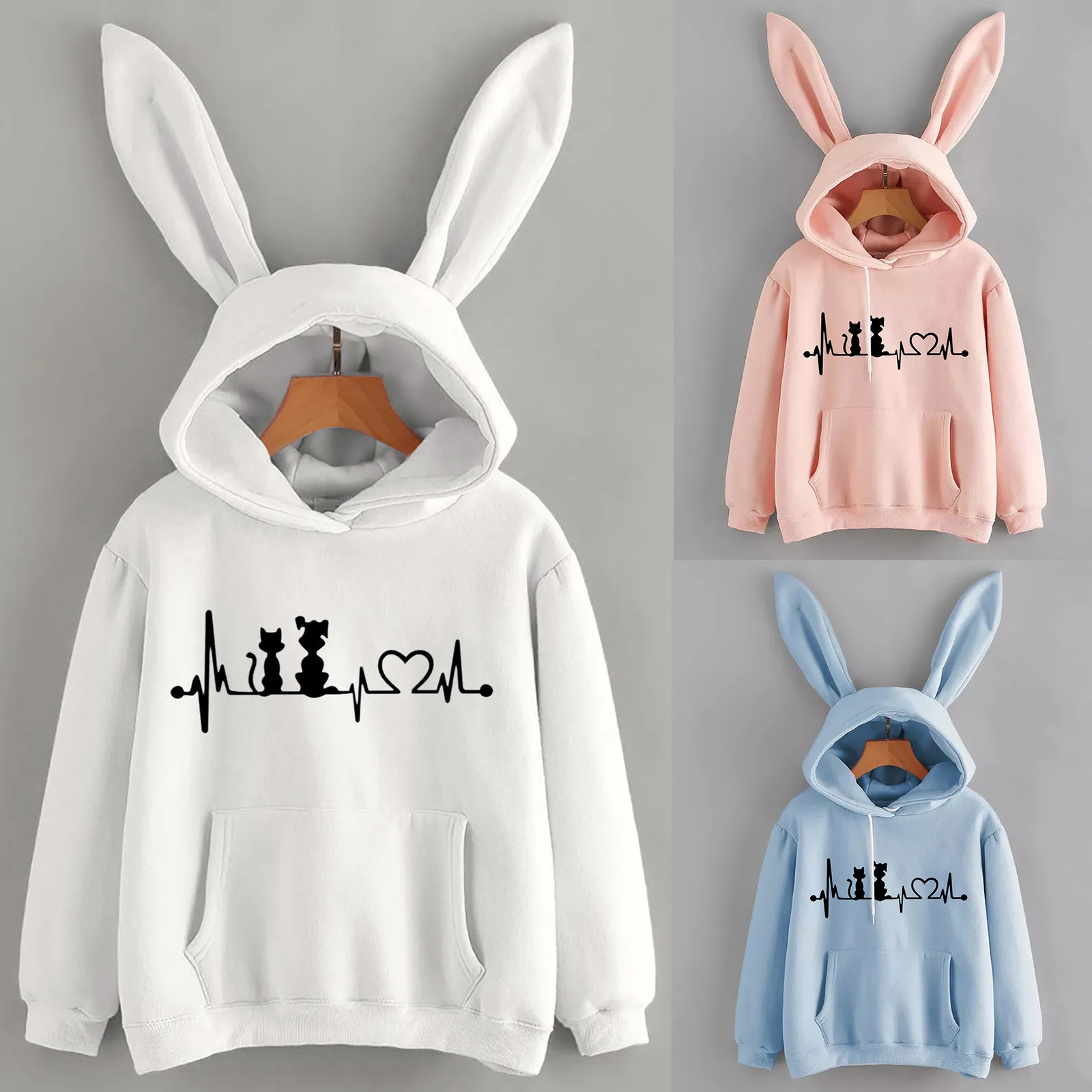 2021 Sweatshirt Womens Long Sleeve Rabbit Hoodie Cute Cat Print Sweatshirt Pullover Tops Blouse Girlfriend Valentine's Day #dz