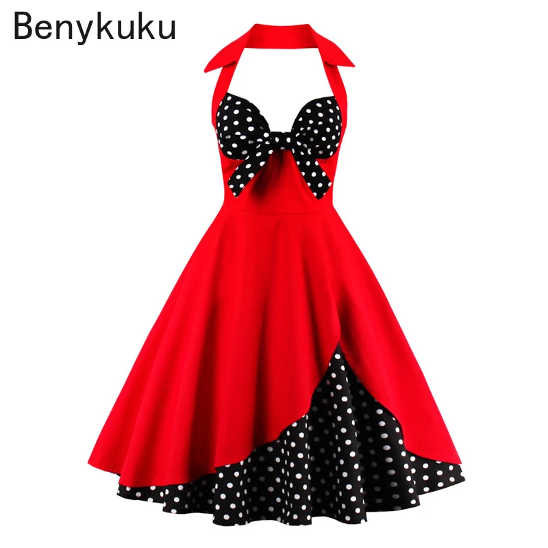 

Женское винтажное Хлопковое платье в горошек, с бантом и V-образным вырезом, в стиле 50-х, в стиле рокабилли, черного, красного цветов, для вече...