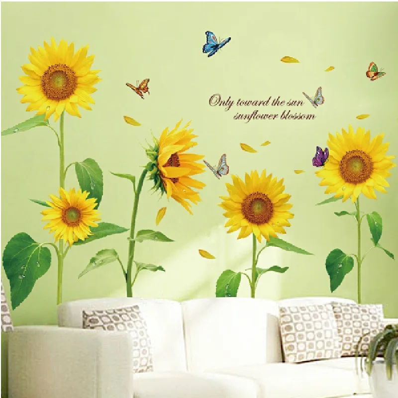 

Butterfly Sunflower Wall Stickers Living Room Sofa Background Pastoral Removable Bedroom Cozy Stickers