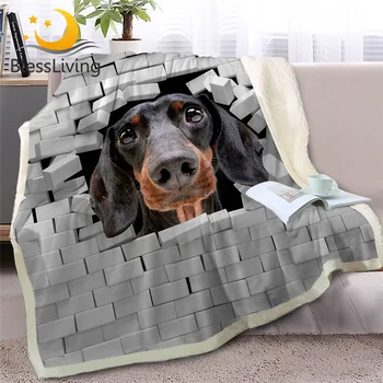 BlessLiving Dachshund Throw Blanket on Bed 3D Animal Dog Plush Sherpa Blanket Bulldog Bedspread Cracked Bricks Wall Thin Quilt 1