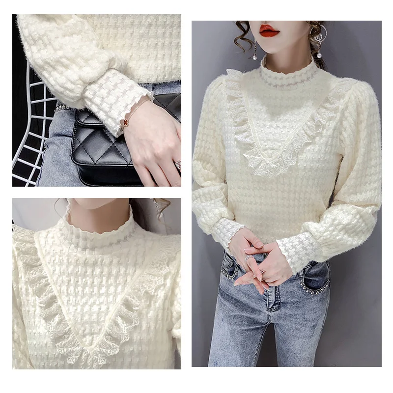 

Korean Temperament Half-turtleneck Lace Women's Bottoming Shirt 2020 Autumn Winter Long Sleeve Plus Velvet Thicken Blouse Tops