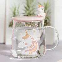 unicorn cover glass lovely creative cup spoon coffee cup flower tea cup for girls home hot water resistant glass container