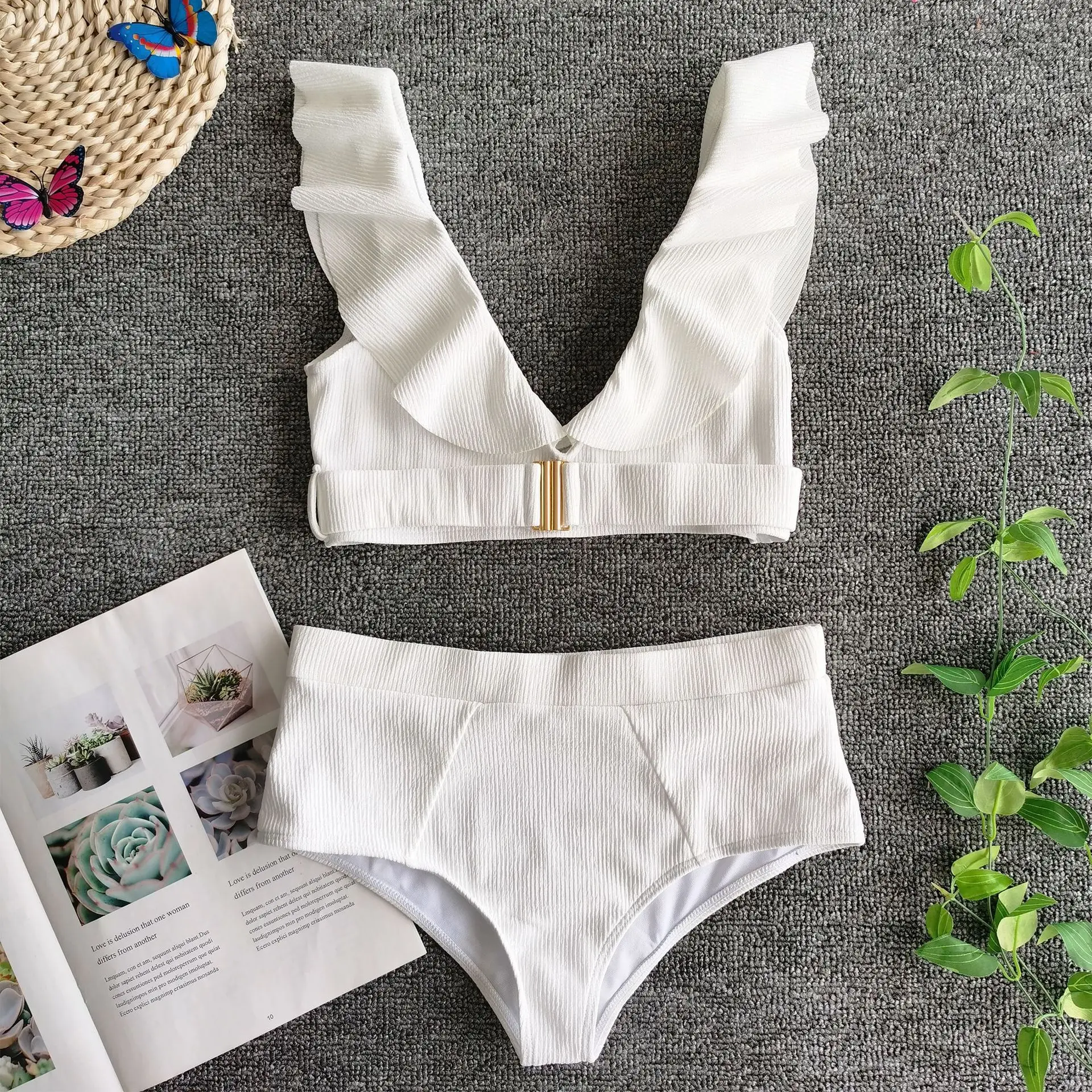 

Qeils 2021 Push Up Bikinis High Waist Swimsuits Ruffle Swimwear Women White Bathing Suit Women Sexy Cut Out Biquini Beach Wear