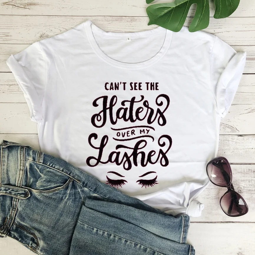 White-black txt Cant See The Haters For My Lashes футболка для макияжа футболка для художника ресницы Забавный Графический Женский модный тройник лозунг tumblr Топы в готическом стиле - Цвет: White-black txt