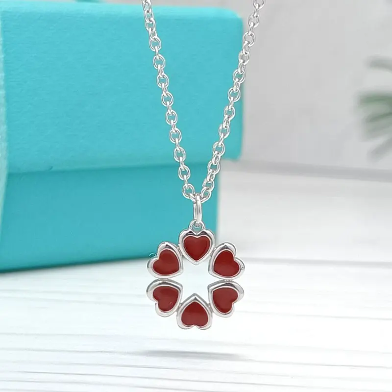

Hot Sale 1:1 LOGO Real925 Red Love Heart Surrounding TIF Necklace Ladies Luxury Jewelry Fashion Brand Birthday Party Trend Gift