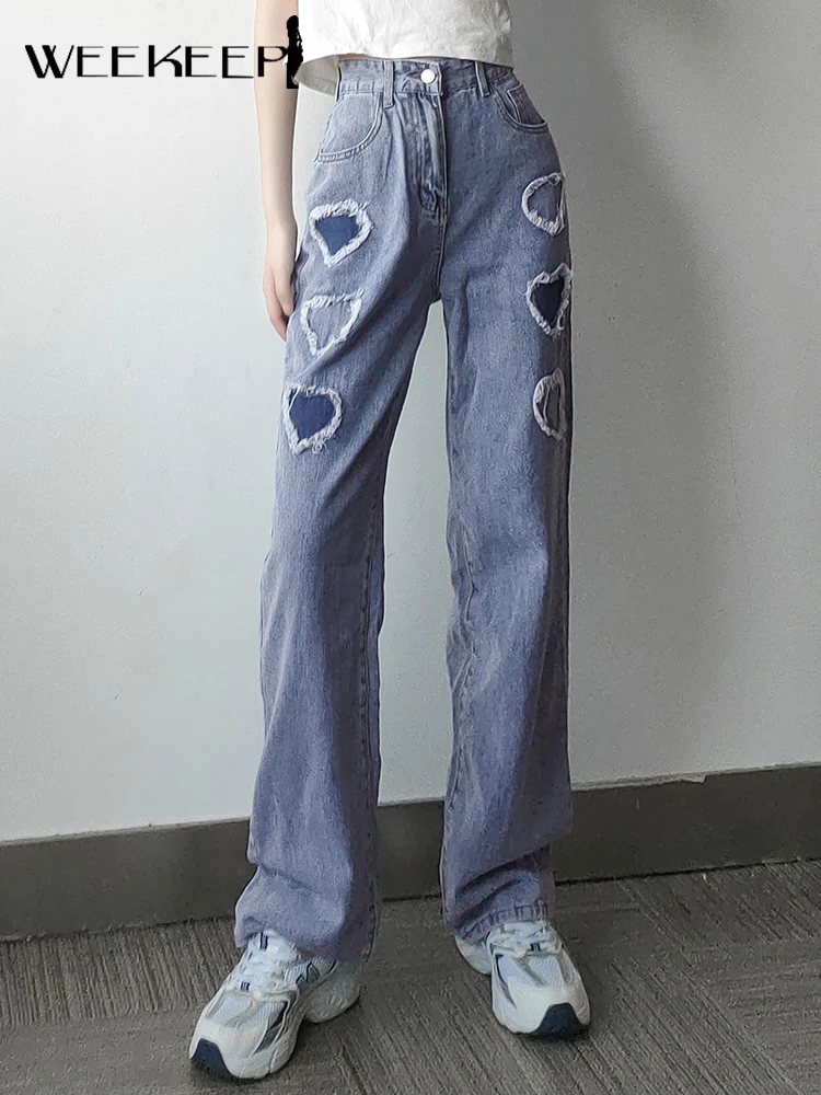

Weekeep Harajuku Baggy Jeans Cute Heart Patchwork Denim Pants For Women High Waist Straight Mom Jeans Casual Streetwear Trousers