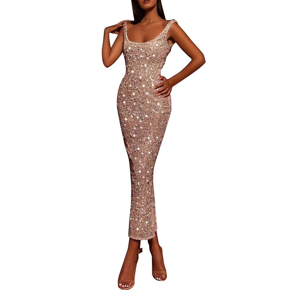 

2022 spring new Sequin dress sleeveless elegant dress Amazon fashion high waist dress women's 2039