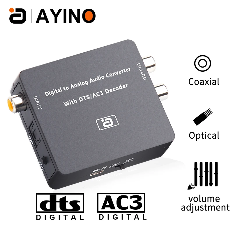 

DAC 5.1CH HIFI Digital to Analog Audio Decoder Converter stereo audio DTS AC3 PCM Optical Fiber Coaxial to RCA 3.5MM 2CH DA600