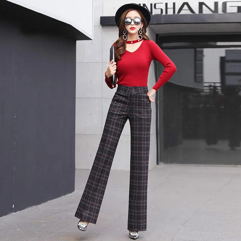 

women plaid pants New Office lady work trousers spring autumn straight wide leg pants Korean casual high waist wide leg trousers