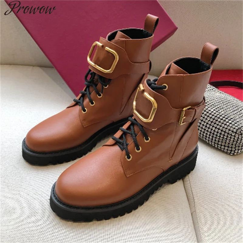 

Prowow Metal Platform Boots Round Toe Lace Up Chaussure Femme Leather Women Ankle British Style Female Shoes Solid Buckle