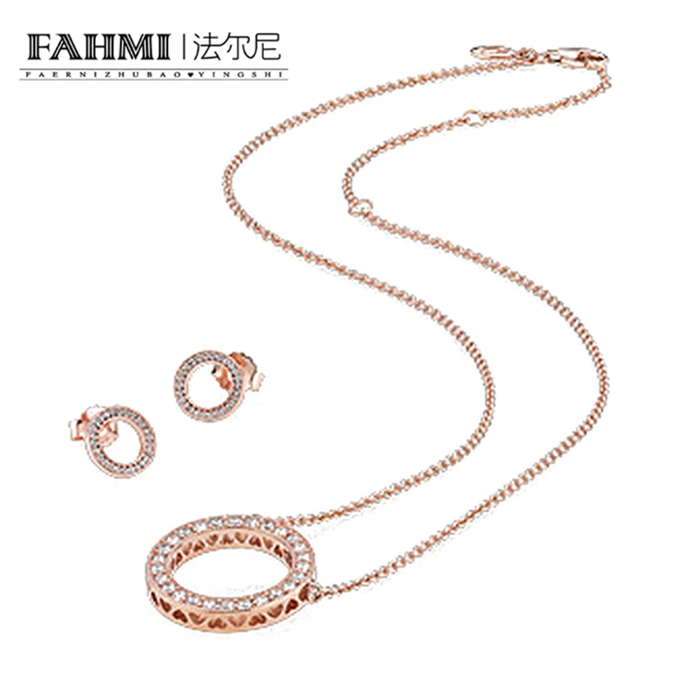 

2020925 sterling silver rose gold round hollow zircon earrings necklace ladies elegant clavicle chain earrings set