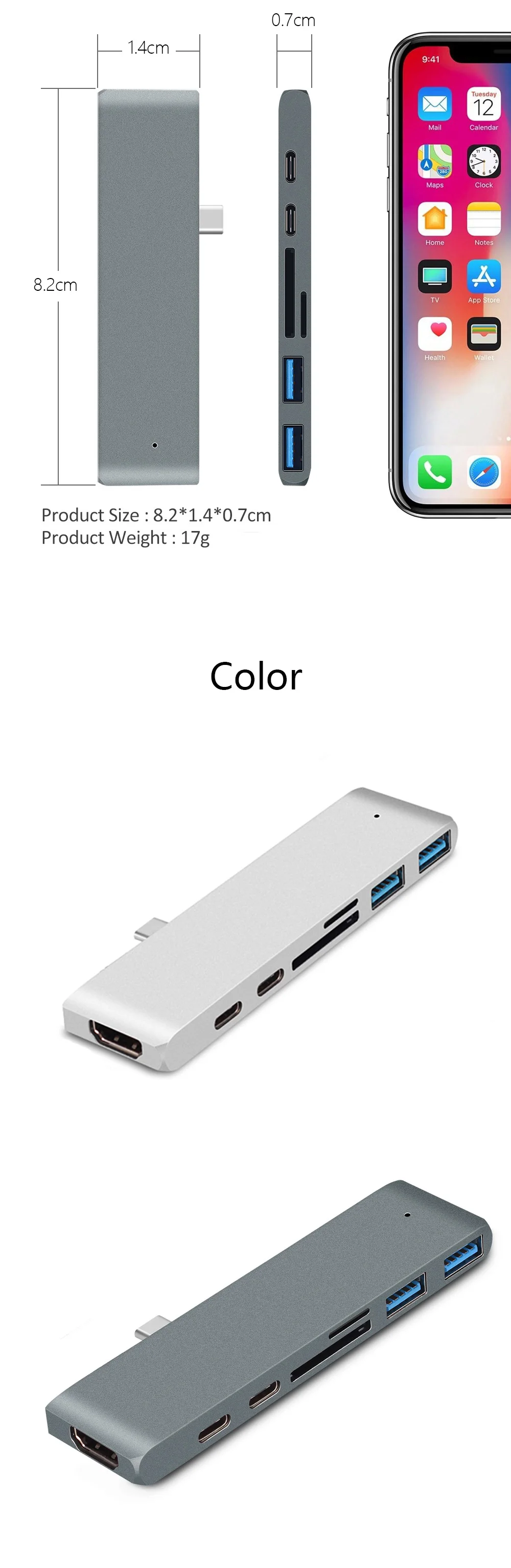 USB C концентратор Алюминиевый Мульти адаптер с 4K HDMI SD кард-ридер type-C зарядный порт USB 3,0 хаб 7 в 1 для MacBook ноутбука Настольный