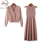 Женский костюм, вязаный свитер и платье, комплект из двух предметов, Осень-зима 2022, однотонный Повседневный трикотажный кардиган, джемперы, Pull Femme
