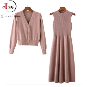 Женский костюм, вязаный свитер и платье, комплект из двух предметов, Осень-зима 2022, однотонный Повседневный трикотажный кардиган, джемперы, Pull Femme