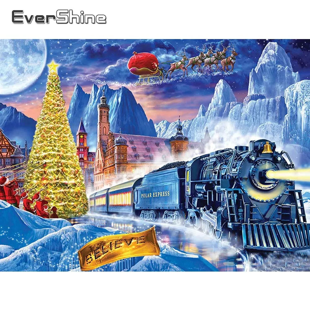

Алмазная мозаика EverShine с изображением поезда Стразы 5D, алмазная вышивка «сделай сам», пейзаж, полноразмерная зимняя живопись, искусство, Нас...