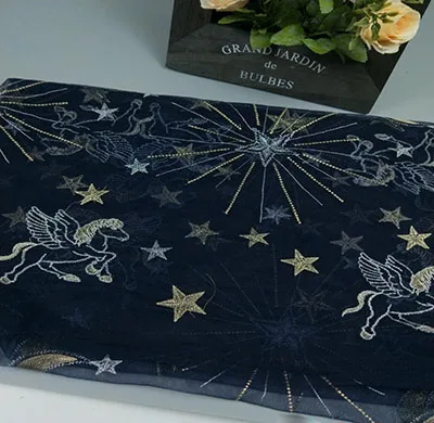 03 dark blue mesh 1y Звезда Лошадь Луна с золотой серебряной нитью тюль сетка африканская французская кружевная ткань в синий/черный/белый для свадебных платьев - Цвет: 03 dark blue mesh