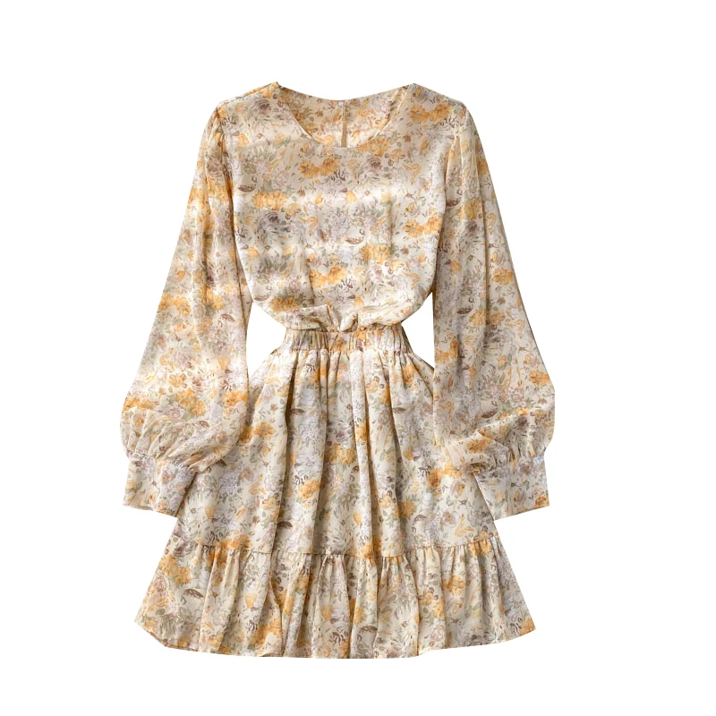 

Floral Vestidos Female Spring New Product 2021 Korean Temperament Round Neck Slim Short Chiffon Ruffled Mini Dress GK618