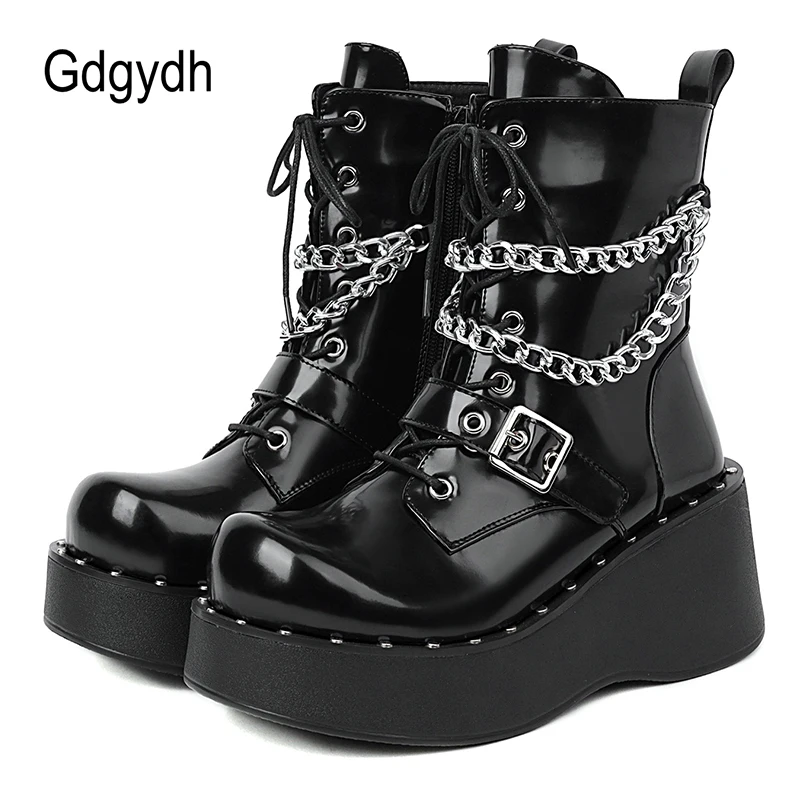

Gdgydh Top Quality Cool Street Black Leather Combat Boots Women Halloween Gift Gothic Ankle Booties Chain Women Shoes Autumn