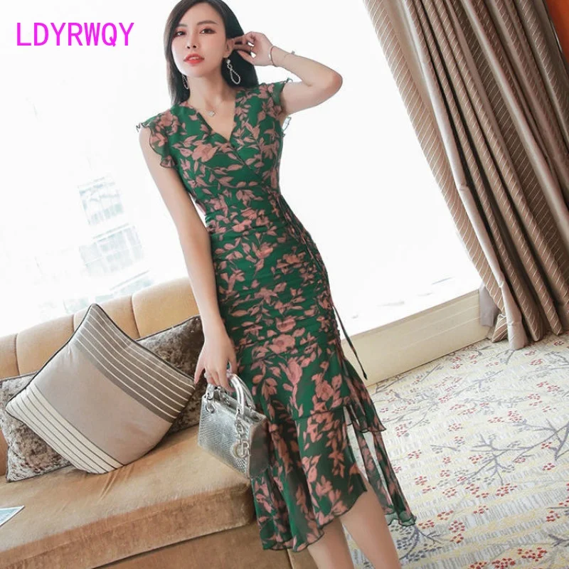 

LDYRWQY Slim dress summer 2020 new female ladies sleeveless v-neck fashion wear floral Office Lady Polyester