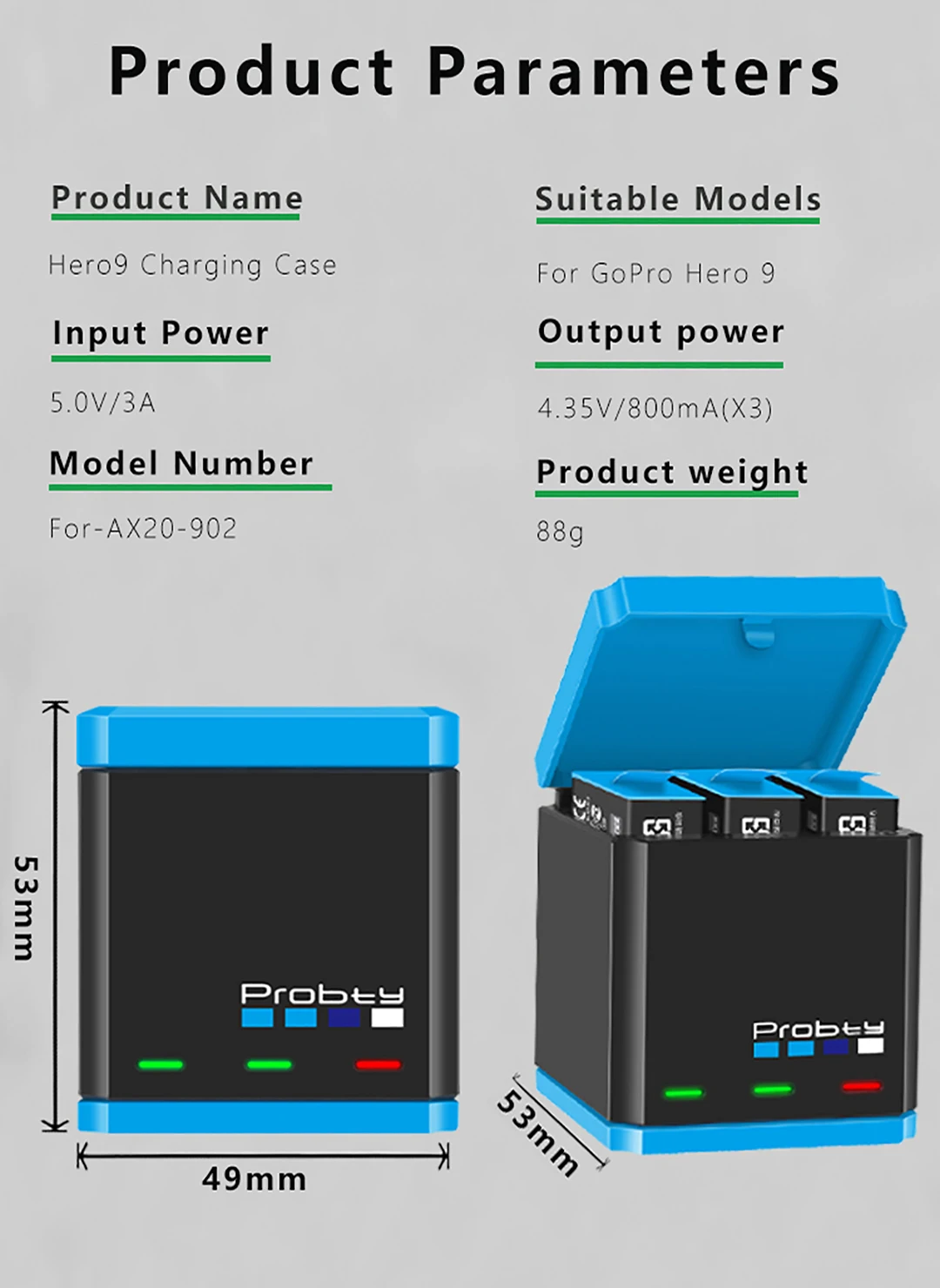 

Battery 1850 mAh for GoPro Hero 9 Battery + LED charging box Type-C 3-channel charger Suitable for Go Pro 9 new charger