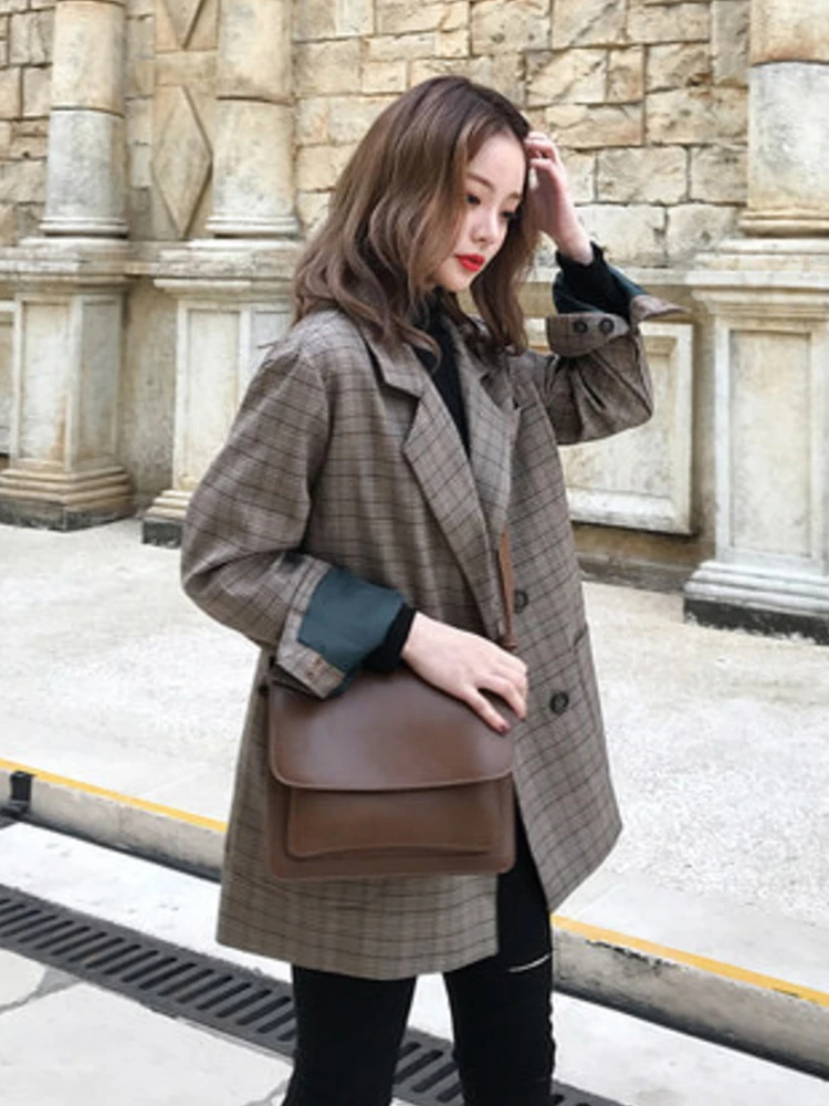 Весенне осенний винтажный двубортный офисный женский клетчатый блейзер с