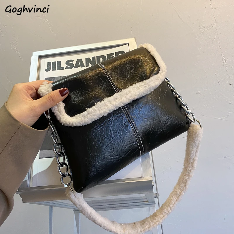 Faux Fur Bags Women Winter PU Leather Patchwork Fashion OL Elegant Chain Chic New Trendy Daily Underarm Shoulder Bag Ins Ulzzang